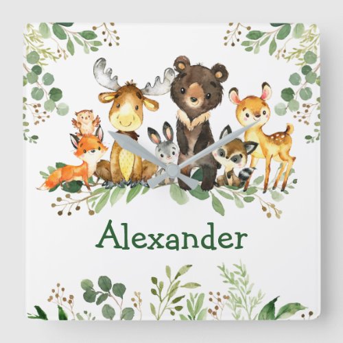 Watercolor Woodland Forest Animals Square Wall Clock