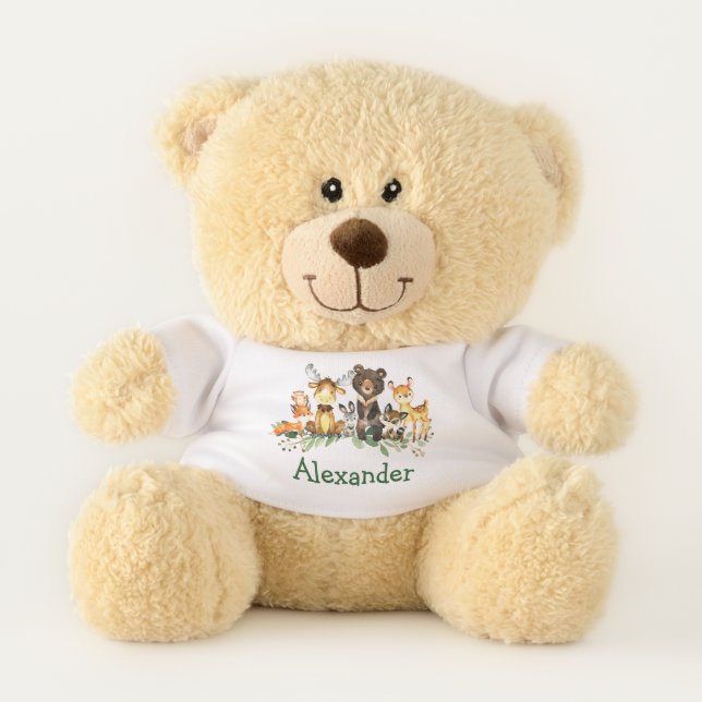 Watercolor Woodland Forest Animals Teddy Bear (Front)