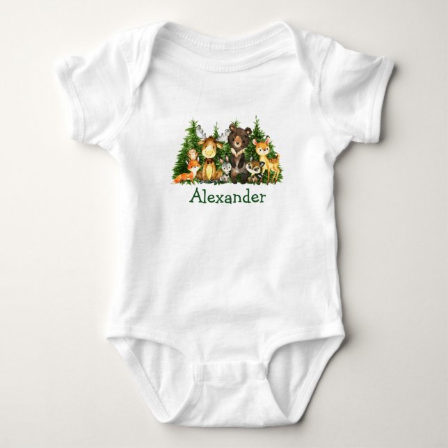 Watercolor Woodland Forest Animals Trees Baby Bodysuit (Front)