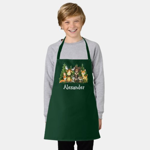 Watercolor Woodland Forest Animals Trees Green Apron