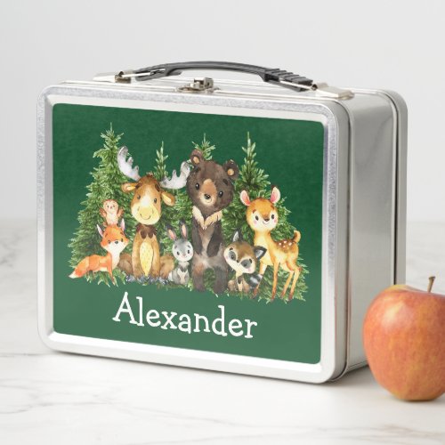 Watercolor Woodland Forest Animals Trees Green Metal Lunch Box