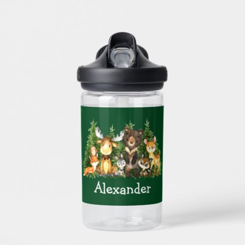 Watercolor Woodland Forest Animals Trees Green Water Bottle