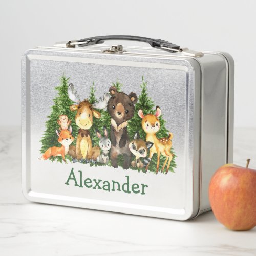 Watercolor Woodland Forest Animals Trees Metal Lunch Box