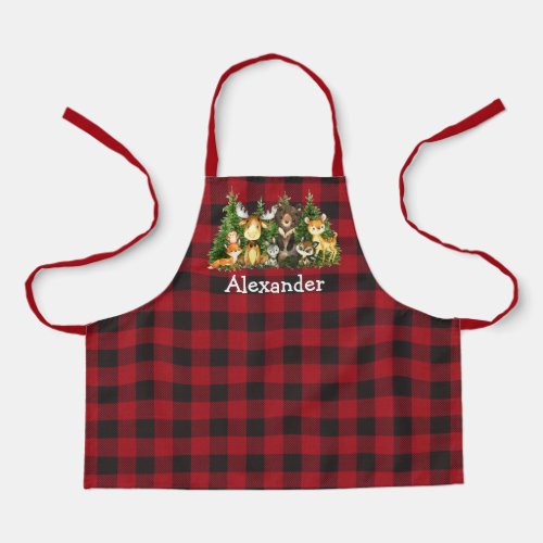 Watercolor Woodland Forest Animals Trees Plaid Apron