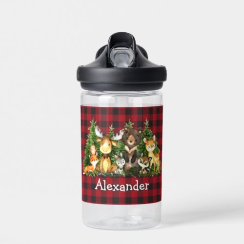 Watercolor Woodland Forest Animals Trees Red Plaid Water Bottle