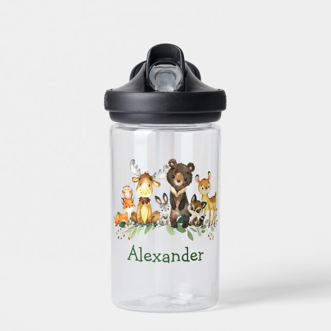 Watercolor Woodland Forest Animals Water Bottle (Front)