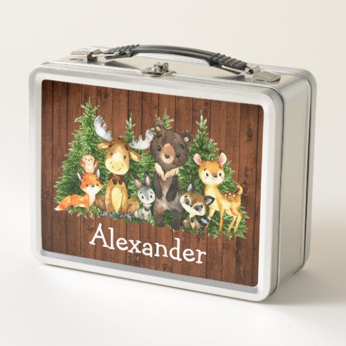 Watercolor Woodland Forest Animals Wood Print Metal Lunch Box