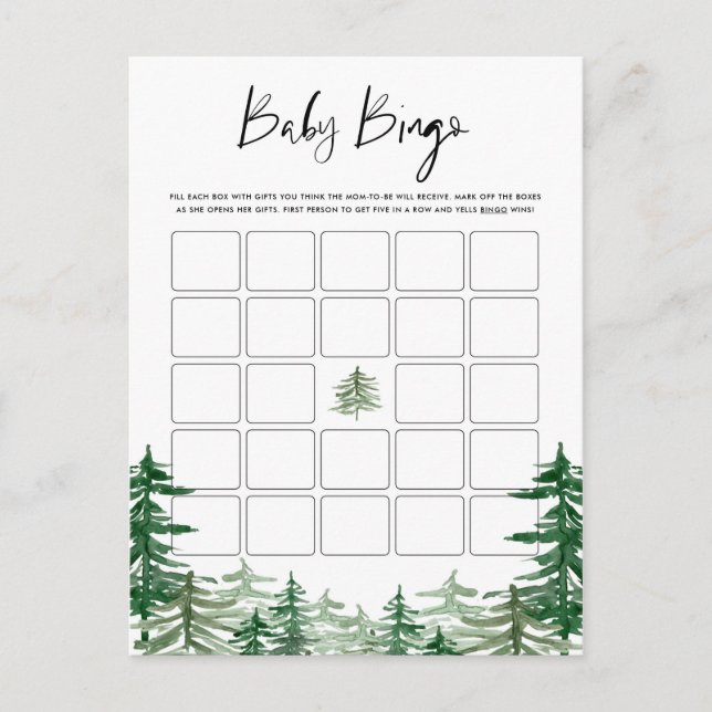 Watercolor Woodland Forest Baby Shower Bingo Card (Front)