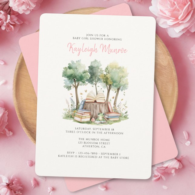 Watercolor Woodland Forest Books Baby Girl Shower Invitation (Creator Uploaded)