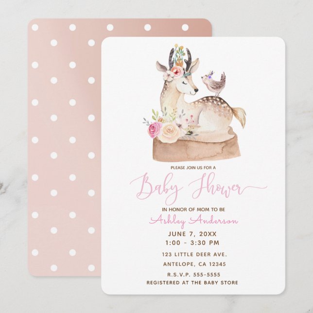 Watercolor Woodland Forest Deer & Bird Baby Shower Invitation (Front/Back)