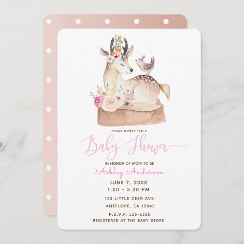 Watercolor Woodland Forest Deer  Bird Baby Shower Invitation