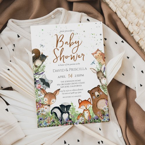 Watercolor Woodland Forest Friends Baby Shower  In Invitation
