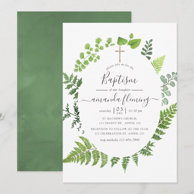 Watercolor Woodland Forest Greenery Baptism Invitation (Front/Back)