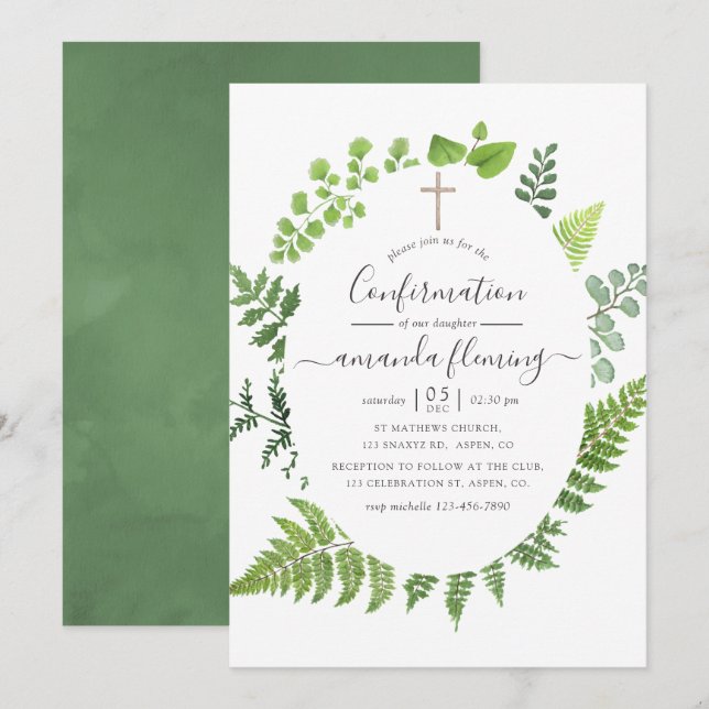 Watercolor Woodland Forest Greenery Confirmation Invitation (Front/Back)