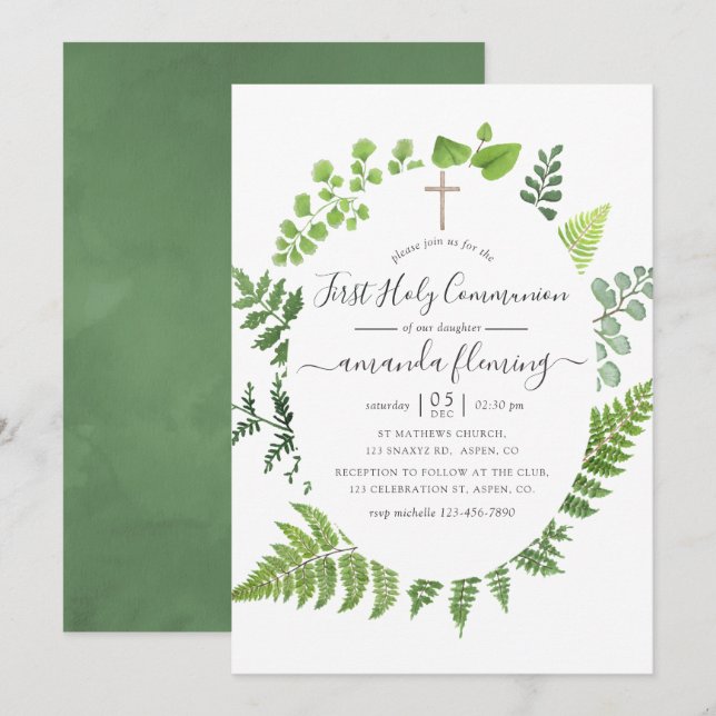 Watercolor Woodland Forest Greenery Holy Communion Invitation (Front/Back)