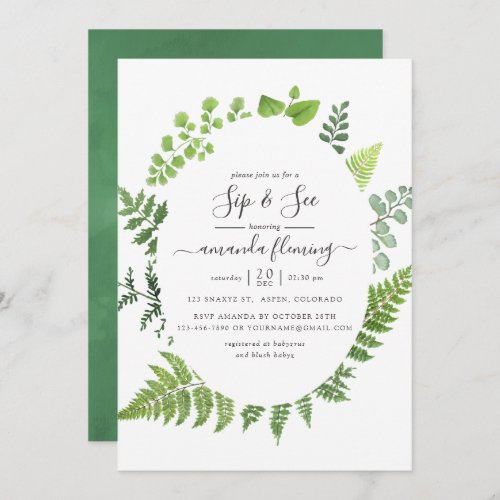 Watercolor Woodland Forest Greenery Sip and See Invitation