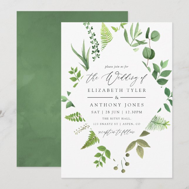 Watercolor Woodland Forest Greenery Wedding Invitation (Front/Back)