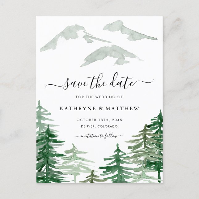 Watercolor Woodland Forest QR Code Save the Date Announcement Postcard (Front)