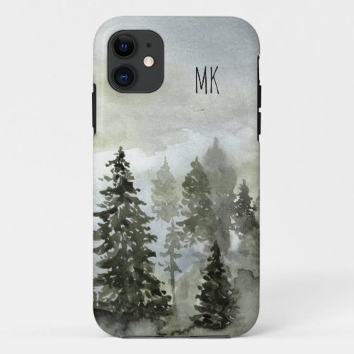 Watercolor Woodland Forest with Monogram iPhone 11 Case