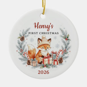Watercolor Woodland Fox Baby 1st Christmas Ceramic Ornament