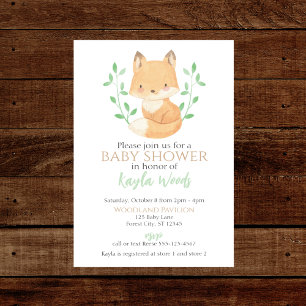 Watercolor Woodland Fox Baby Shower Invitation
