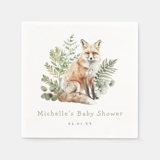 Watercolor Woodland Fox Baby Shower Napkins (Front)