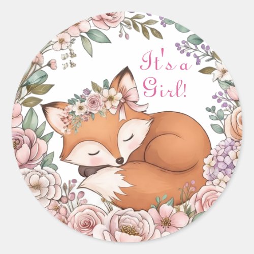 Watercolor Woodland Fox It's a Girl Classic Round Sticker