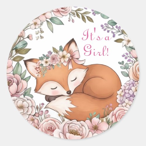 Watercolor Woodland Fox It's a Girl Classic Round Sticker