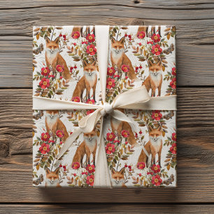 Watercolor Woodland Fox Red Wildflower Autumn Wrapping Paper