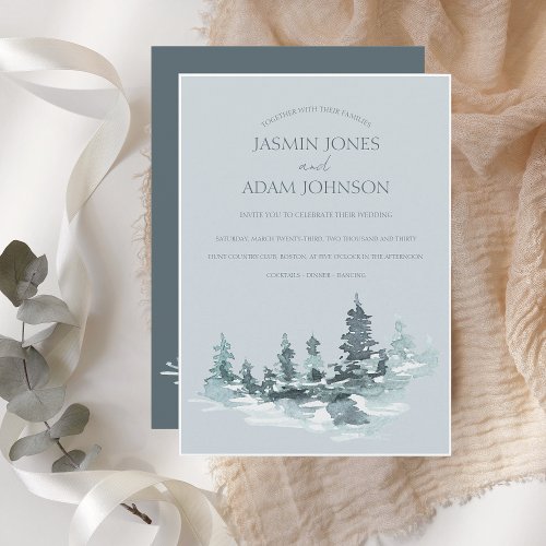 Watercolor Woodland Green Pine Trees Wedding Invitation