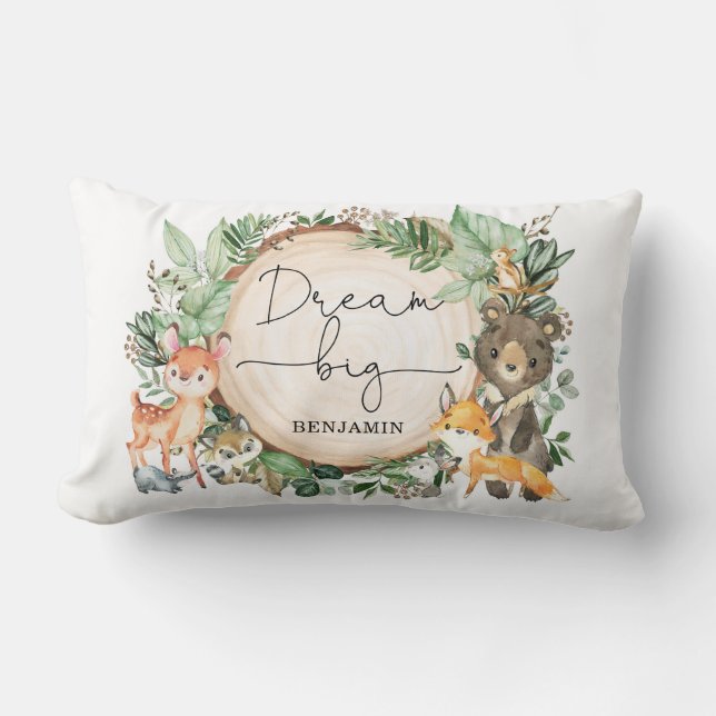Watercolor Woodland Greenery Forest Nursery Lumbar Pillow (Front)
