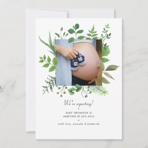 Watercolor Woodland Greenery Photo Pregnancy Announcement