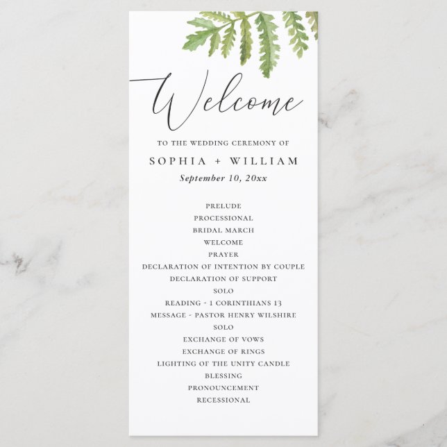 Watercolor woodland greenery script wedding program (Front)