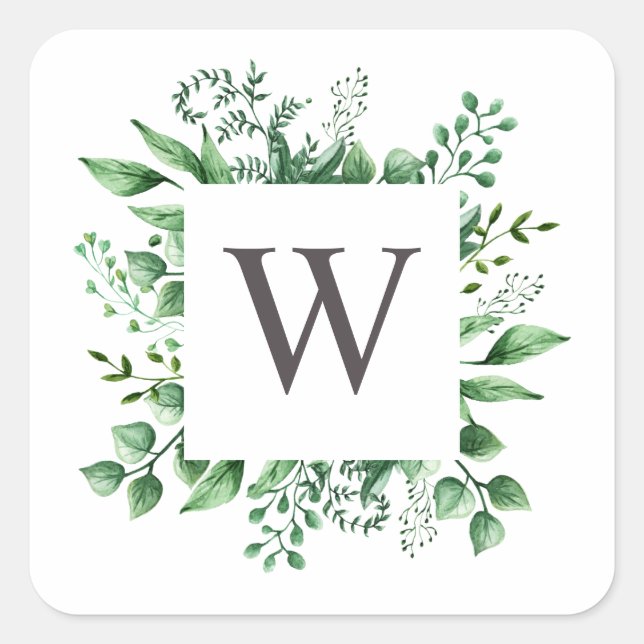 Watercolor woodland greenery wedding monogram square sticker (Front)