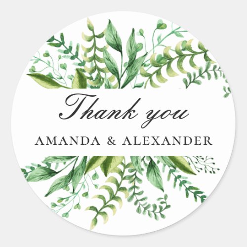 Watercolor woodland greenery wedding thank you classic round sticker