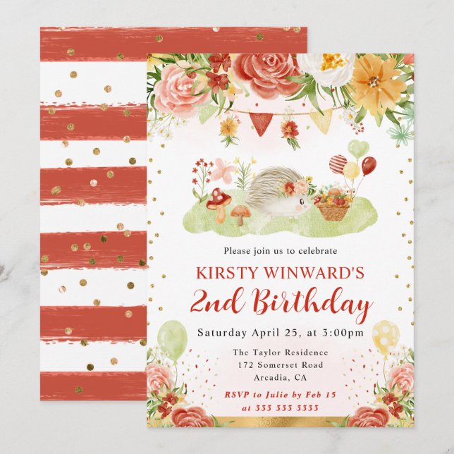 Watercolor Woodland Hedgehog Kids Birthday Invitation (Front/Back)