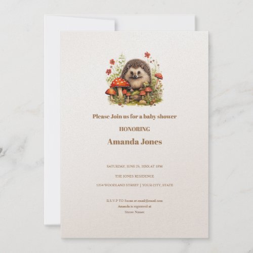 Watercolor Woodland Hedgehog Mushrooms Baby Shower Invitation