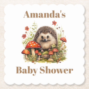Watercolor Woodland Hedgehog Mushrooms Baby Shower Paper Coaster