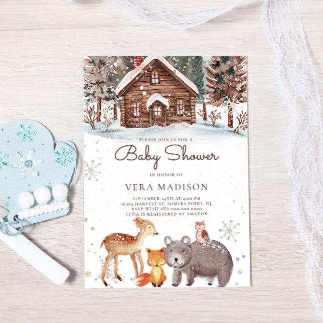 Watercolor Woodland House Snow Winter Baby Shower Invitation (Creator Uploaded)