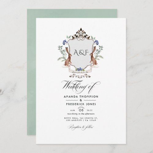 Watercolor Woodland Laurel Crest Monogram Wedding  Invitation