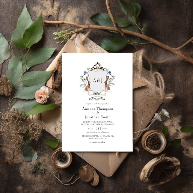 Watercolor Woodland Laurel Crest Monogram Wedding Invitation (Creator Uploaded)
