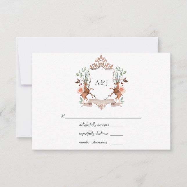 Watercolor Woodland Laurel Crest Monogram Wedding RSVP Card (Front)