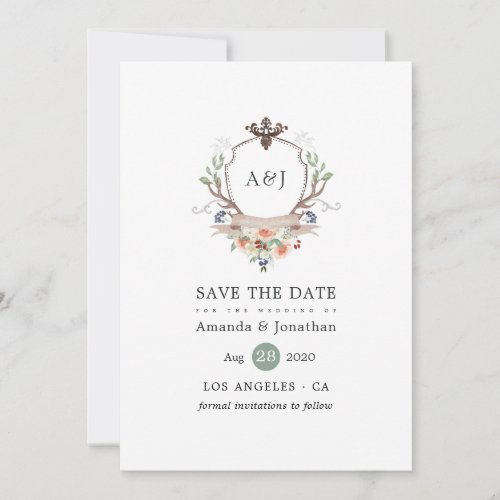 Watercolor Woodland Laurel Crest Monogram Wedding Save The Date