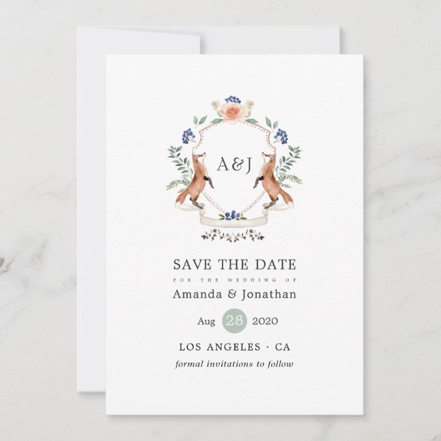 Watercolor Woodland Laurel Crest Monogram Wedding Save The Date (Front)