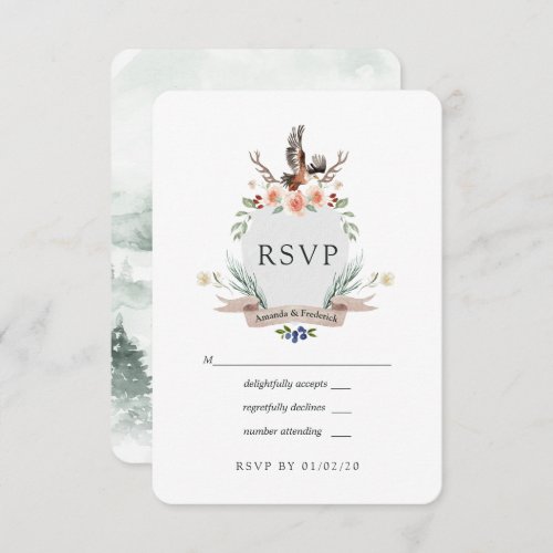 Watercolor Woodland Laurel Crest Wedding RSVP Card
