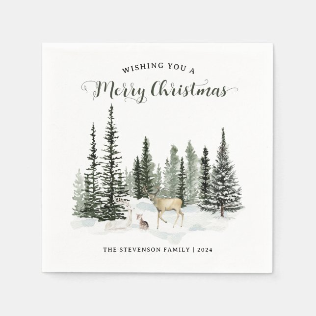Watercolor Woodland Merry Christmas Napkins (Front)