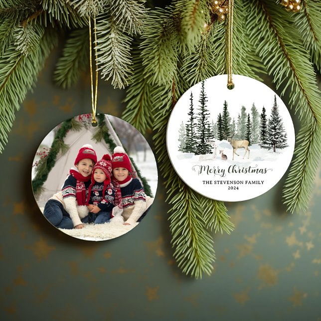 Watercolor Woodland Merry Christmas Photo Ceramic Ornament (Watercolor Woodland Merry Christmas Photo Ceramic Ornament)