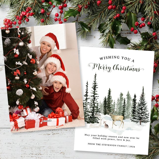 Watercolor Woodland Merry Christmas Photo Holiday Card (Watercolor Woodland Merry Christmas Photo Holiday Card)