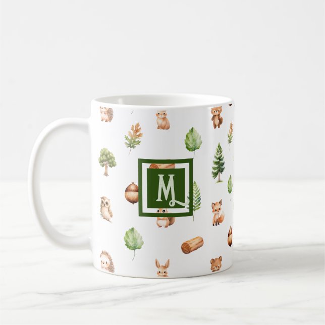 Watercolor Woodland Modern Monogram Coffee Mug (Left)