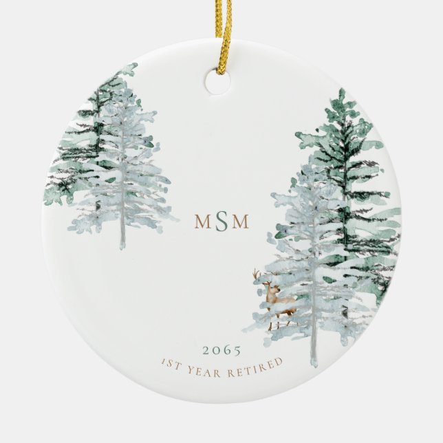 Watercolor Woodland Monogram 1st Year Retired Ceramic Ornament (Front)